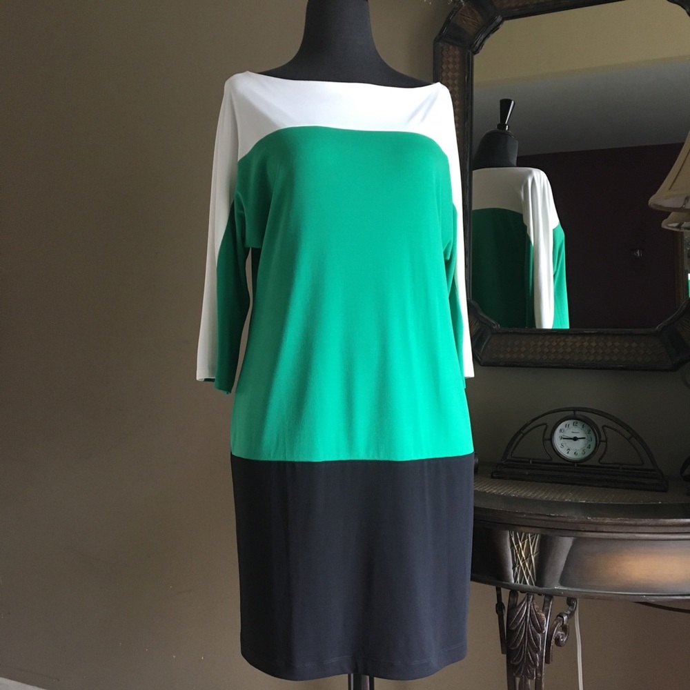 SANDRA DARREN White/Green/Black Color Block Dress